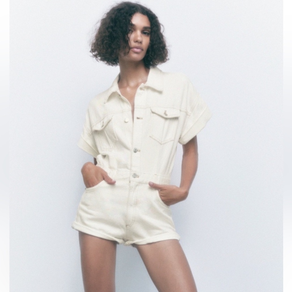 Zara beige/cream denim romper. Size medium
